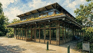 Die große Glas- und Holzhalle mit begrüntem Dach und gepflastertem Vorplatz.