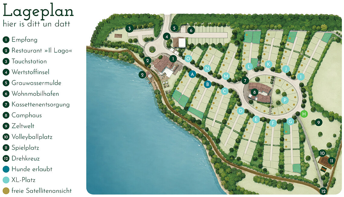 Lageplan des Camp28 am Bremer Stadtwaldsee mit nummerierter Legende: Empfang, Restaurant »Il Lago«, Tauchstation, Wertstoffinsel, Grauwassermulde, Wohnmobilhafen, Kassettenentsorgung, Camphaus, Zeltwelt, Volleyballplatz, Spielplatz und Drehkreuz sowie Farbmarkierungen für Hunde erlaubt, XL-Platz und freie Satellitenansicht.