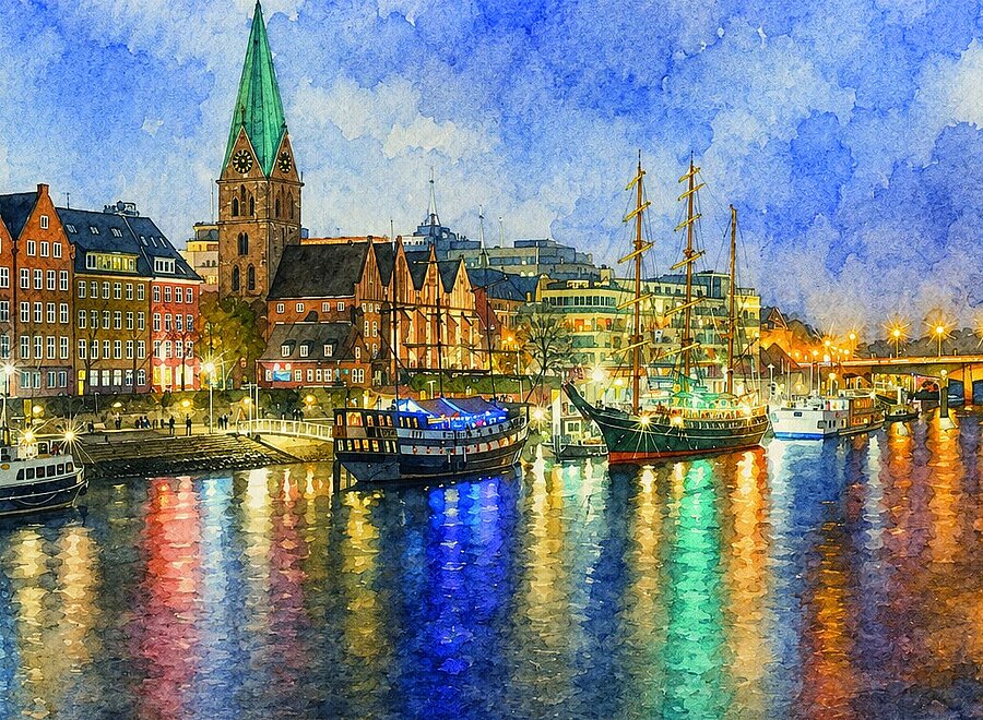 Aquarell der Bremer Schlachte am Abend mit Segelschiffen, Altstadtkulisse und Kirchturm