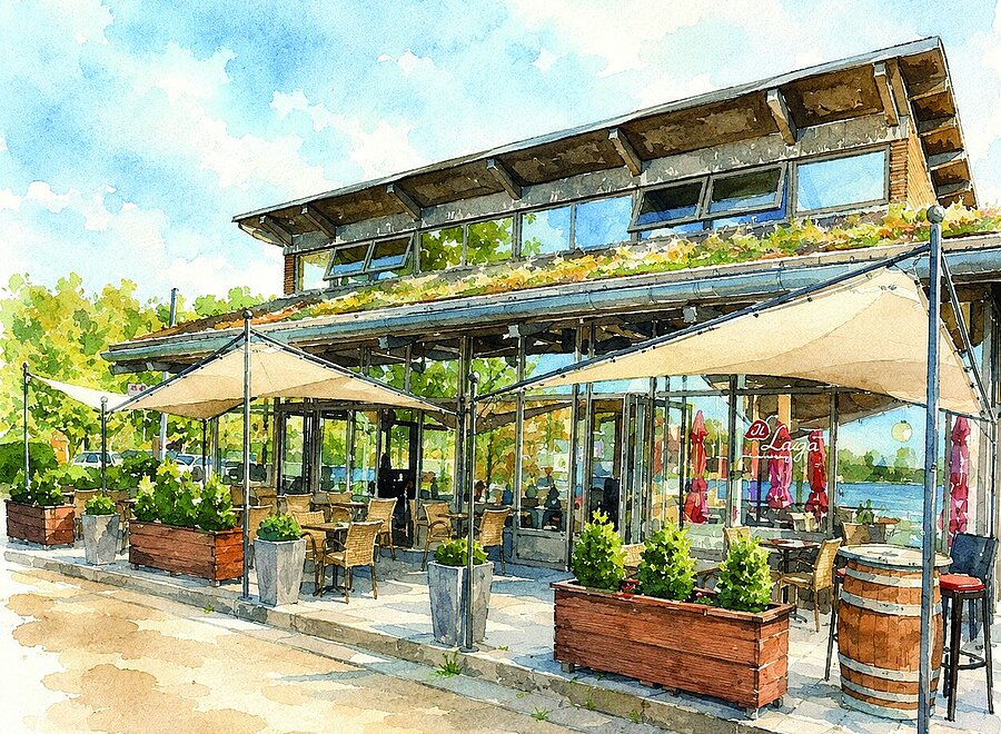 Aquarell der Terrasse des Restaurants Il Lago am Stadtwaldsee mit Sonnensegeln, Bepflanzung und Seeblick