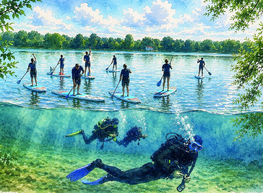 Aquarell mit Stand-up-Paddlerinnen und -Paddlern auf dem Stadtwaldsee und Tauchern unter Wasser